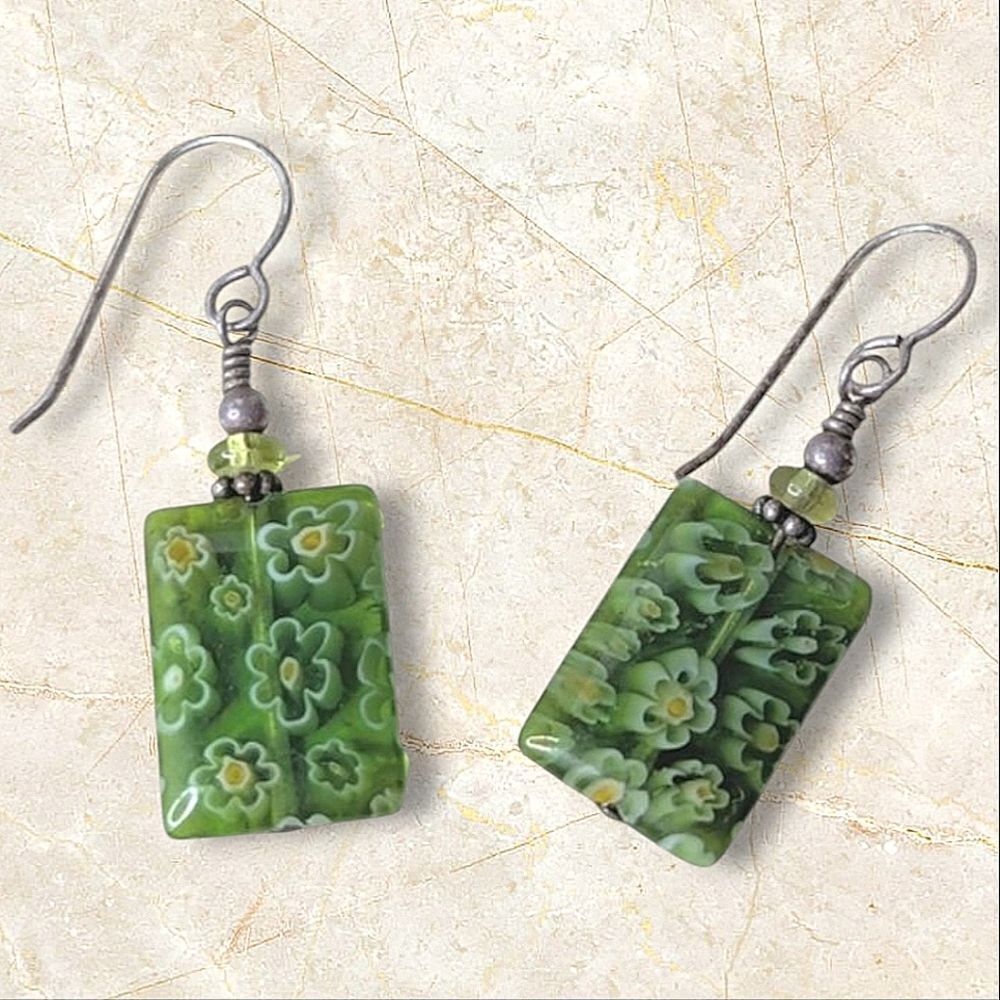 Artisan Floral Kelly Green Pure Glass Bead Earrings